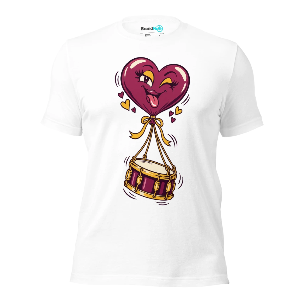 A heart shaped balloon lifting a miniature snare drum T Shirt White Front
