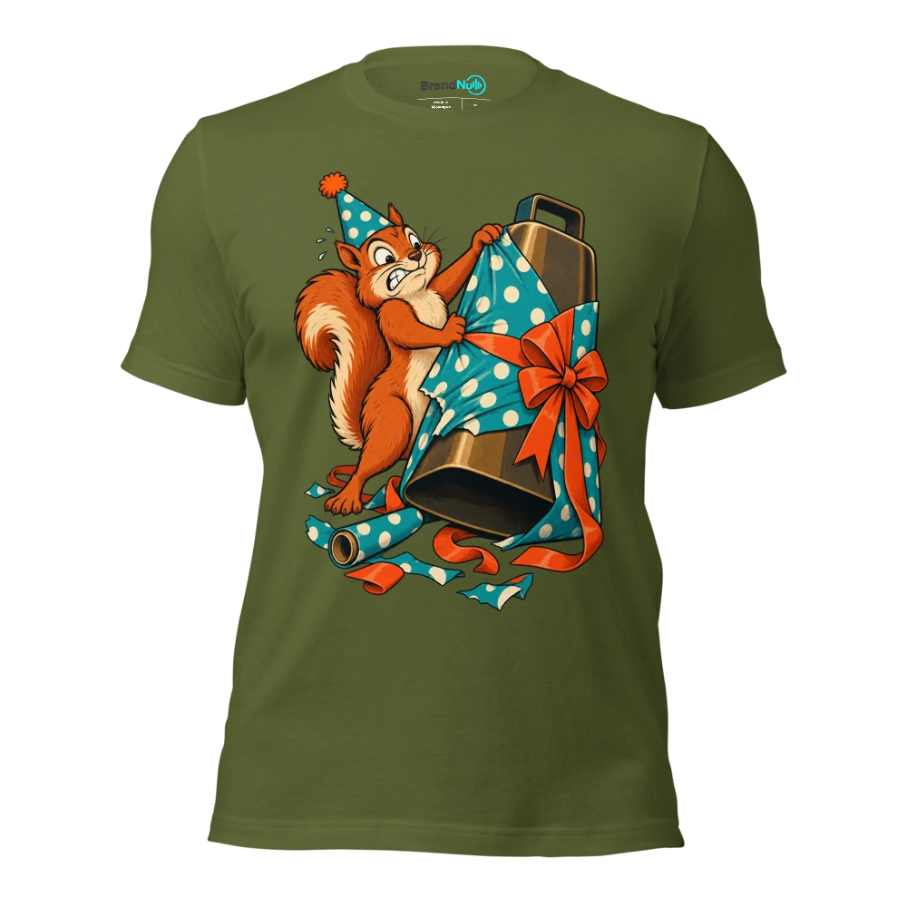 Birthday squirrel struggling to wrap an enormous cowbell T Shirt Olive Front
