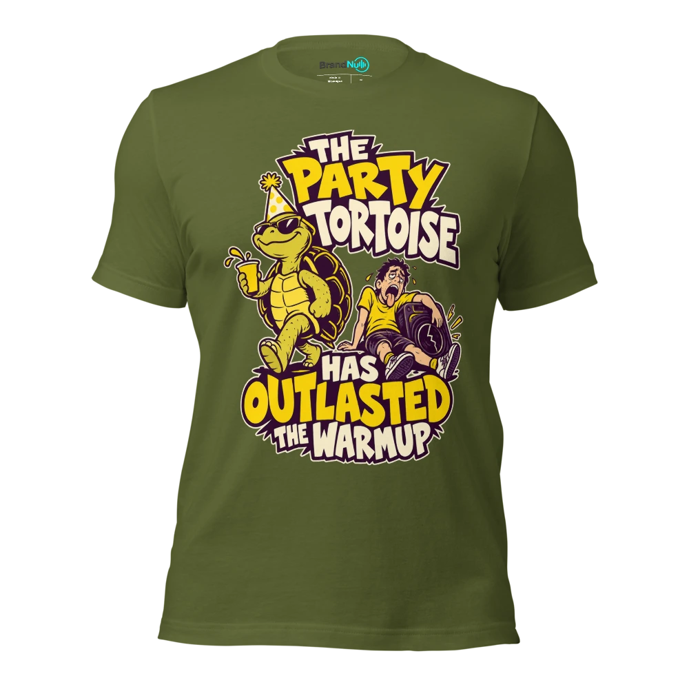 THE PARTY TORTOISE HAS OUTLASTED THE WARMUP T Shirt Olive Front