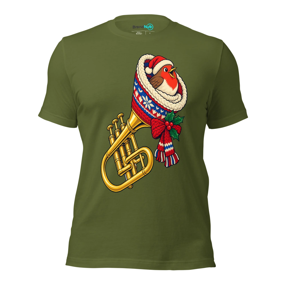A robin nesting inside a warm wool covered trumpet bell T Shirt Olive Front