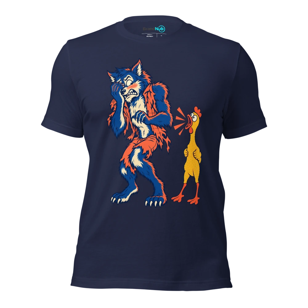 Werewolf embarrassed by a squeaky rubber percussion chicken T Shirt Navy Front