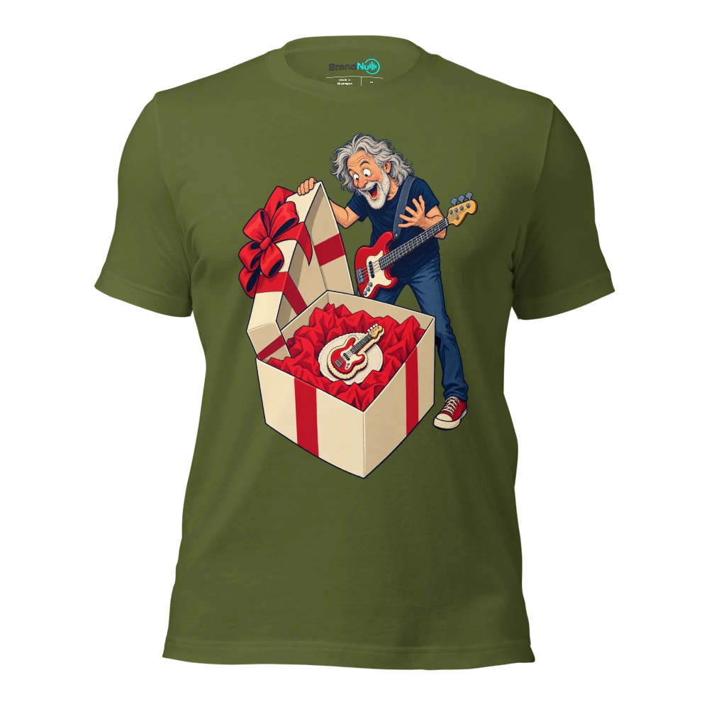 Older bassist finding a tiny bass shaped cake in a huge box T Shirt Olive Front