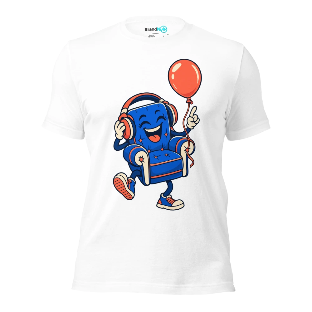 A cheerful armchair wearing headphones with a birthday balloon tied to its leg T Shirt White Front
