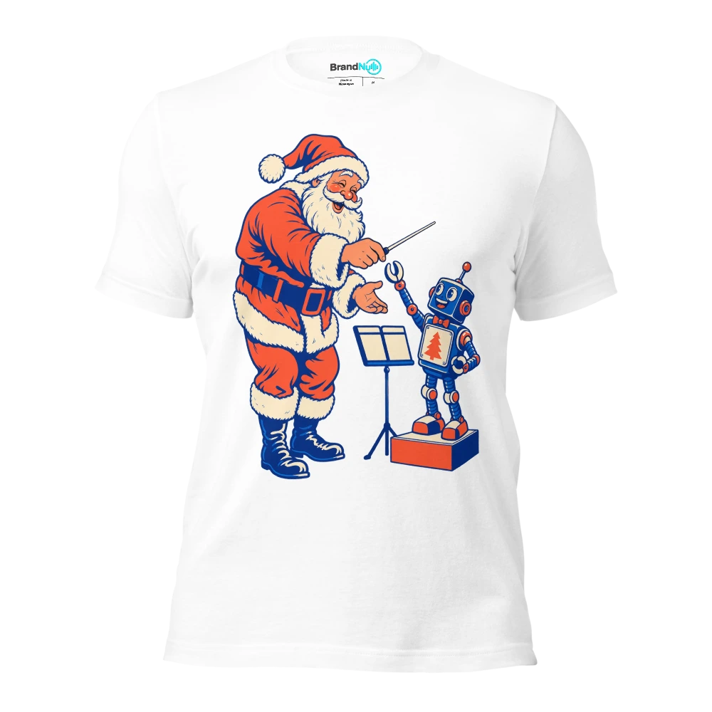 Santa conductor handing his baton to a toy robot T Shirt White Front