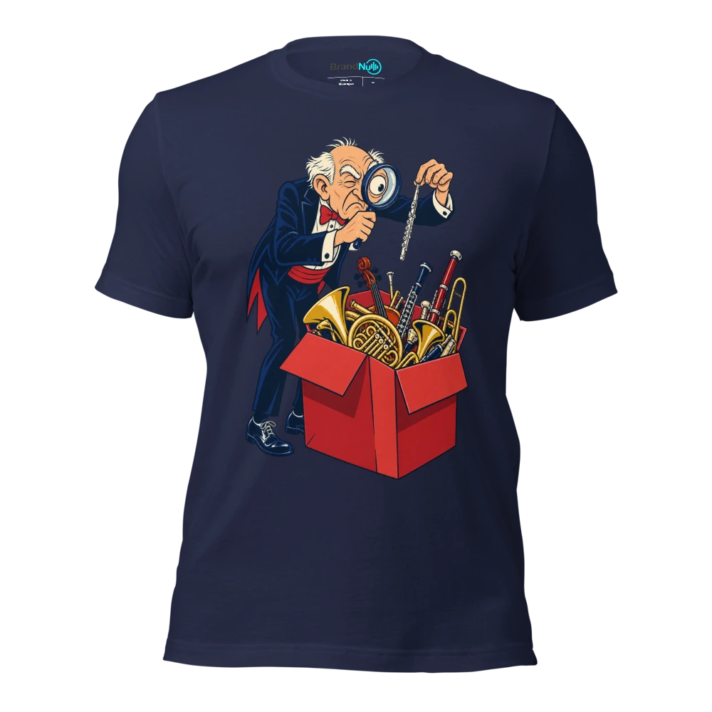 Older musician using a magnifier to find a piccolo in a large box T Shirt Navy Front
