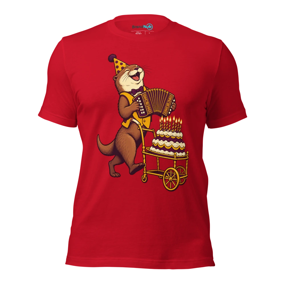 Birthday otter carrying a concertina on a cake trolley T Shirt Red Front