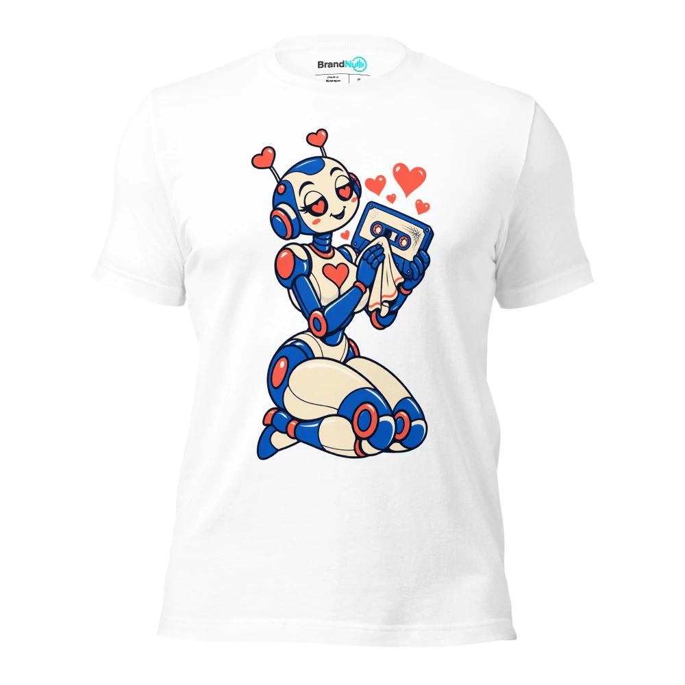 A romantic robot polishing a scratched blank cassette with a handkerchief T Shirt White Front