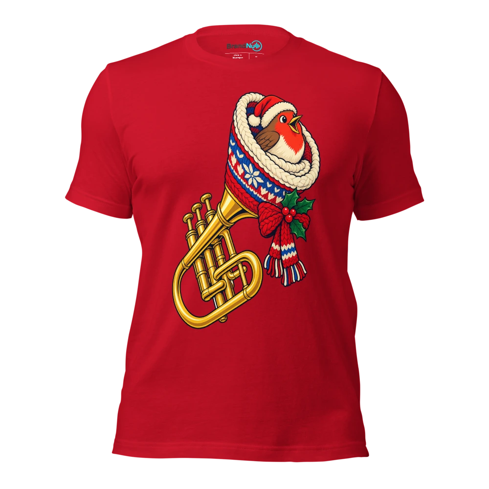 A robin nesting inside a warm wool covered trumpet bell T Shirt Red Front