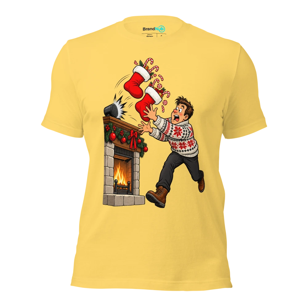 THE STOCKINGS ARE VIBRATING OFF THE MANTELPIECE T Shirt Yellow Front