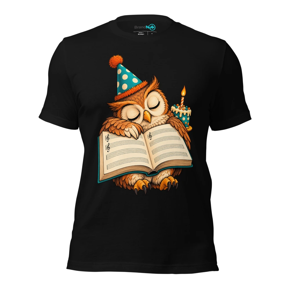 Birthday owl sleeping on an open blank music book T Shirt Black Front