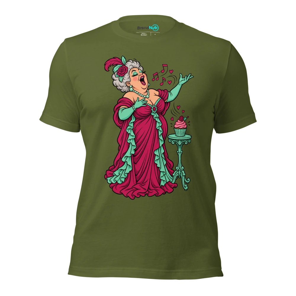 An elderly opera singer serenading a single cupcake T Shirt Olive Front