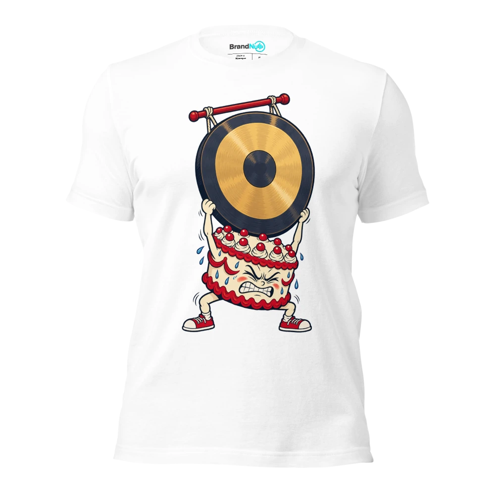 Cake mascot attempting to lift a gong with tiny arms T Shirt White Front