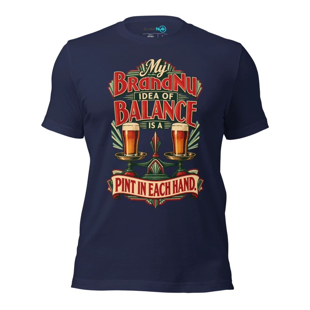 My BrandNu idea of balance is a pint in each hand T Shirt Navy Front