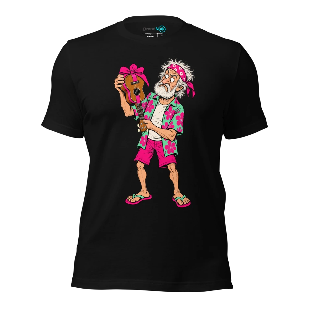 Older musician holding a wrapped ukulele upside down T-SHIRT