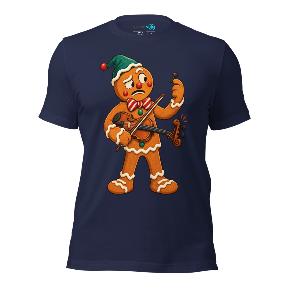 Gingerbread violinist inspecting one missing candy peg T Shirt Navy Front