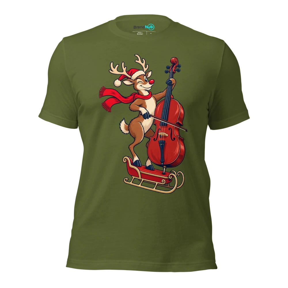 Reindeer balancing a cello on a tiny sleigh T Shirt Olive Front