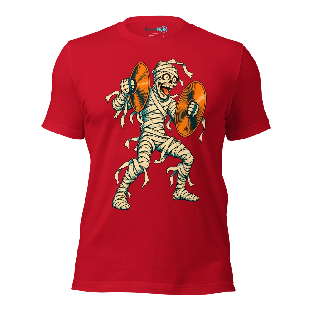 Mummy attempting to clap while holding two cymbals T Shirt Red Front