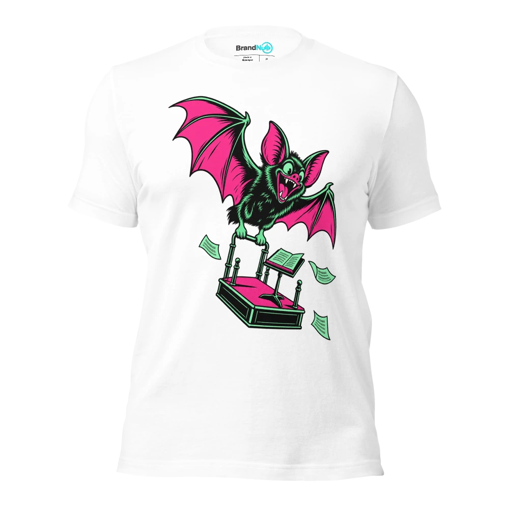 Bat carrying a miniature conductor podium by its handle T Shirt White Front