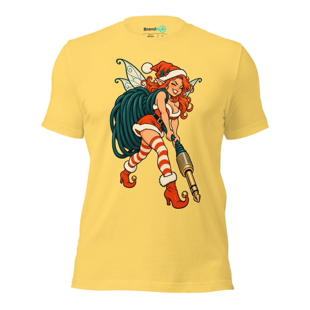 A festive fairy hauling an amplifier cable larger than itself T Shirt Yellow Front