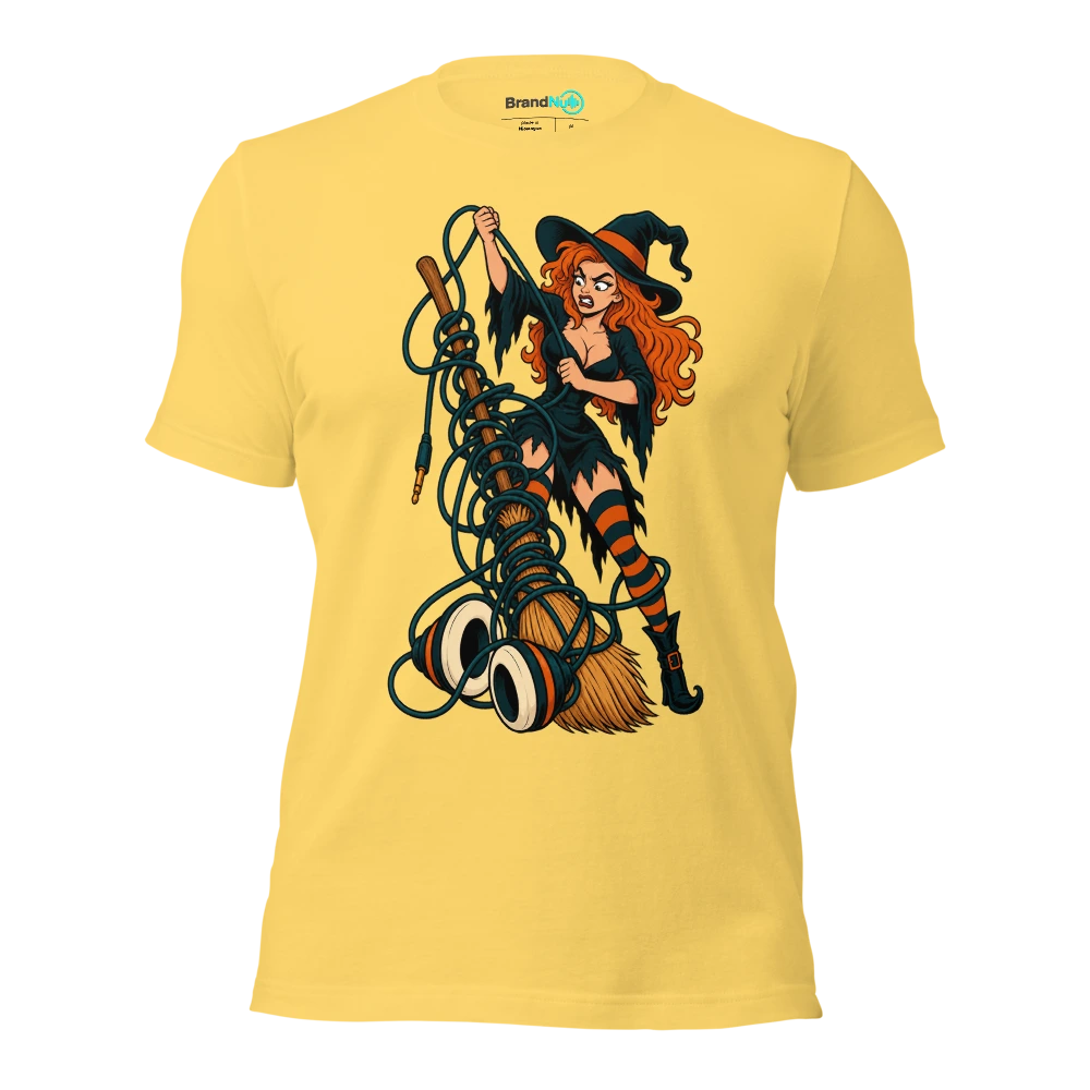 A witch untangling a broom from an enormous headphone cable T Shirt Yellow Front