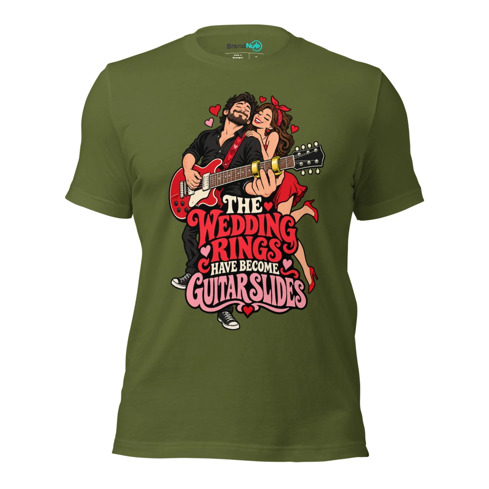 THE WEDDING RINGS HAVE BECOME GUITAR SLIDES T Shirt Olive Front