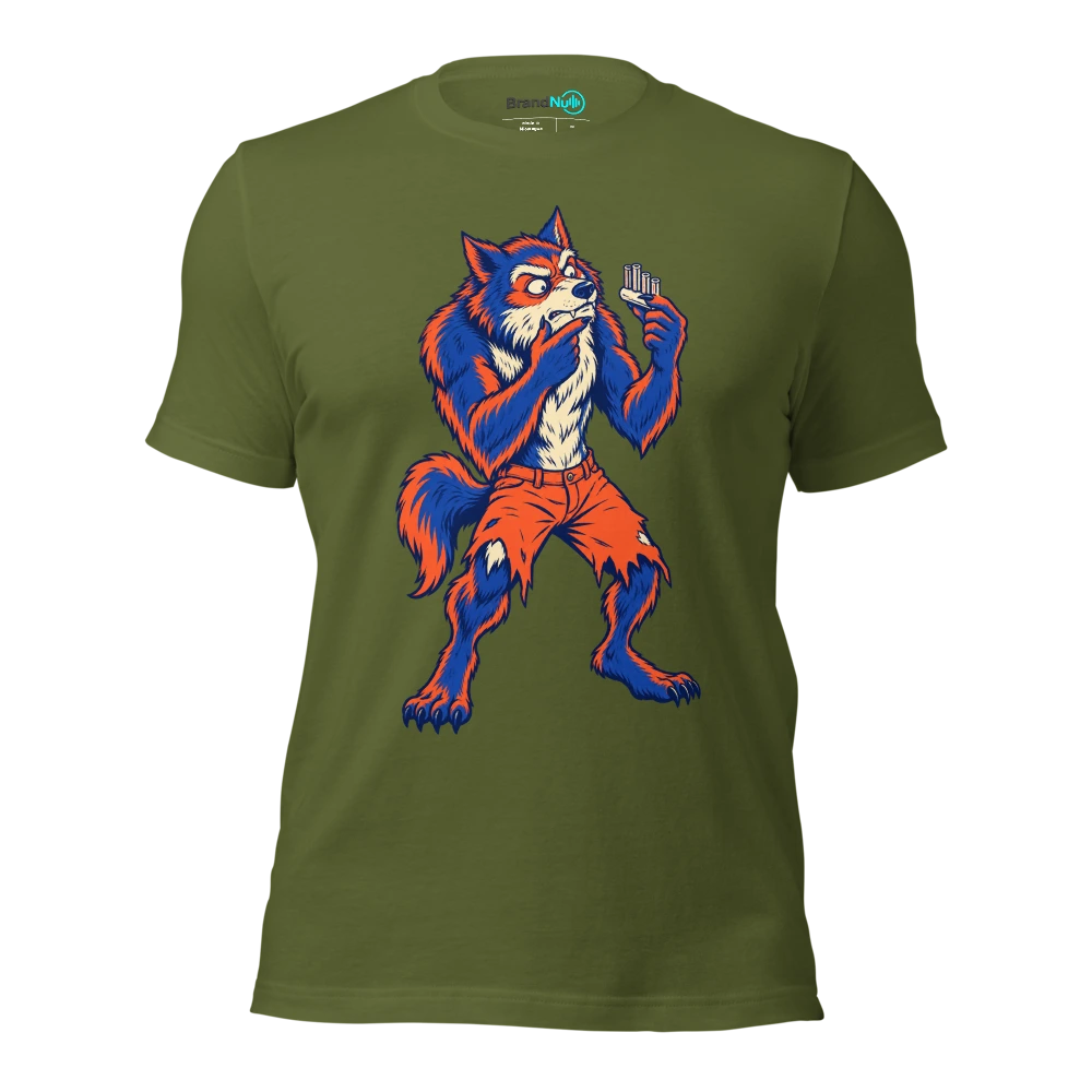 Werewolf studying a pitch pipe as if it is a dog whistle T Shirt Olive Front