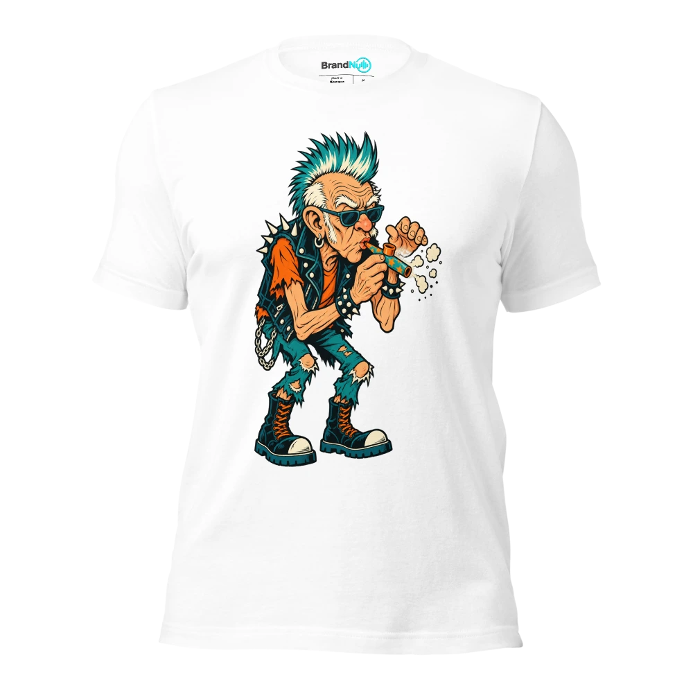An elderly punk carefully blowing dust off a birthday kazoo T Shirt White Front
