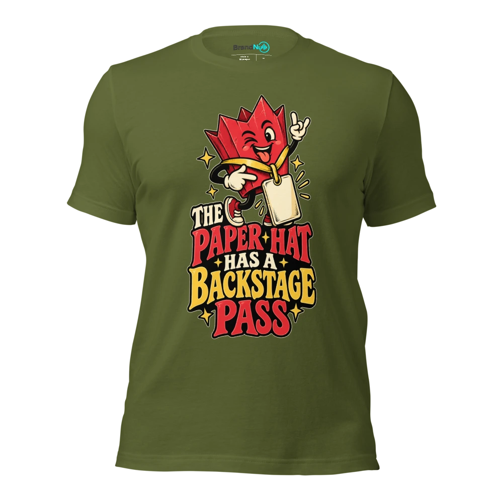 THE PAPER HAT HAS A BACKSTAGE PASS T Shirt Olive Front