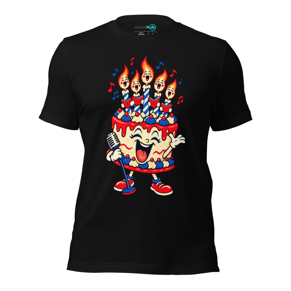 A birthday cake using candle flames as a tiny choir T Shirt Black Front