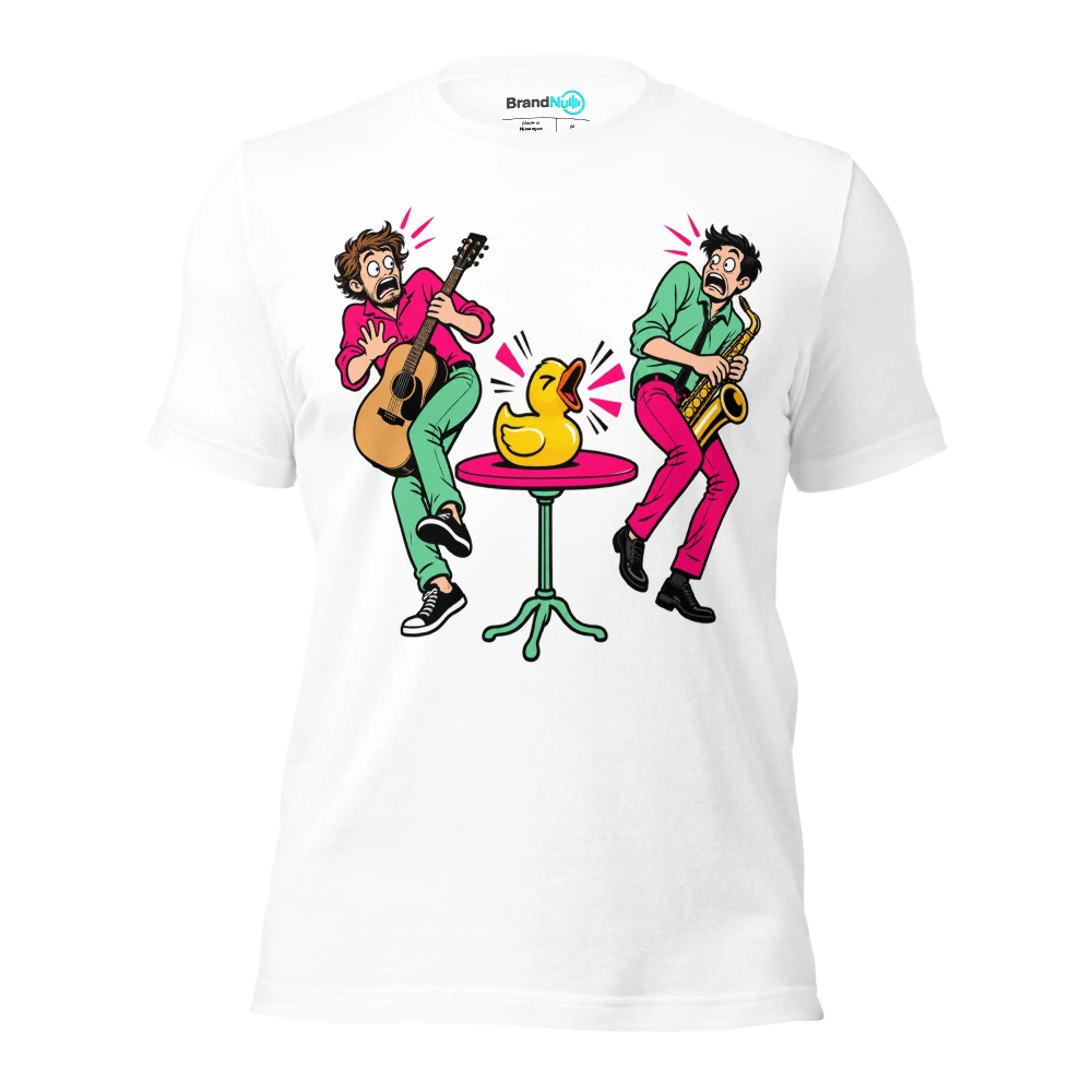 Couple leaning away from an unexpectedly loud squeaky toy T Shirt White Front