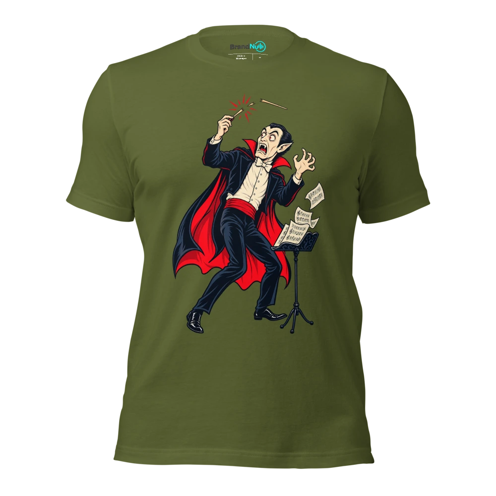 Vampire conductor startled by his own snapping baton T Shirt Olive Front