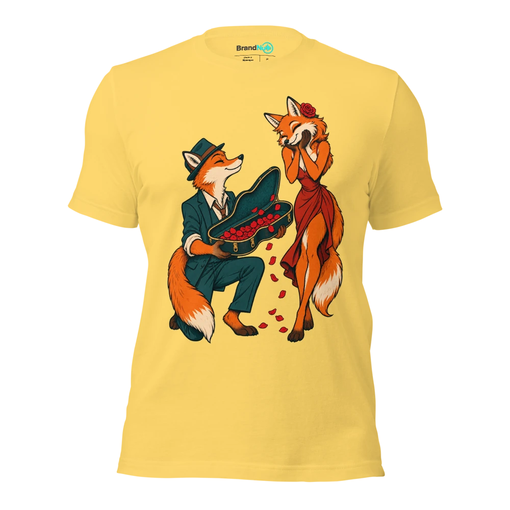 Fox offering an empty instrument case full of rose petals T Shirt Yellow Front