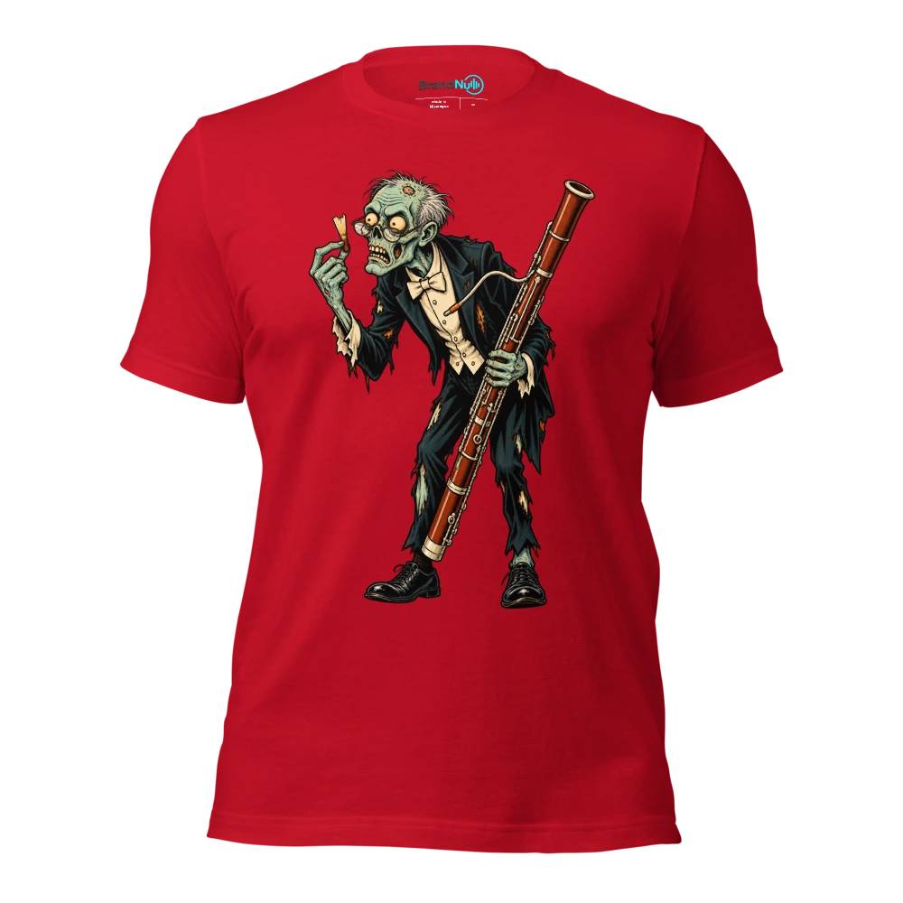 Zombie examining a broken bassoon reed with reading glasses T Shirt Red Front