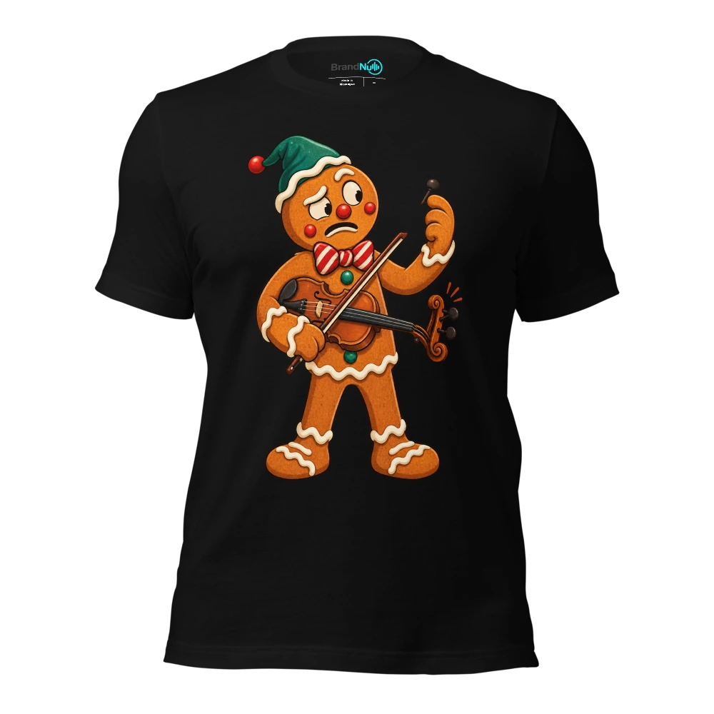 Gingerbread violinist inspecting one missing candy peg T-SHIRT