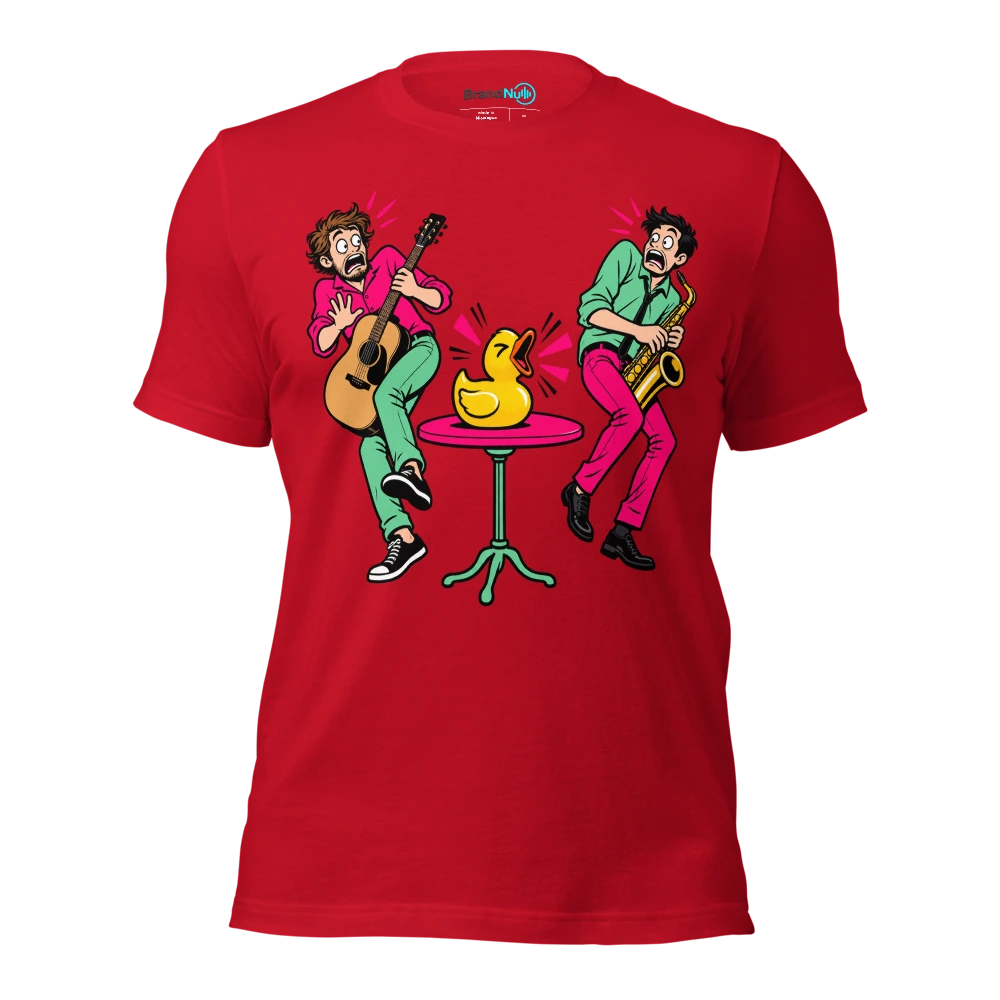 Couple leaning away from an unexpectedly loud squeaky toy T Shirt Red Front