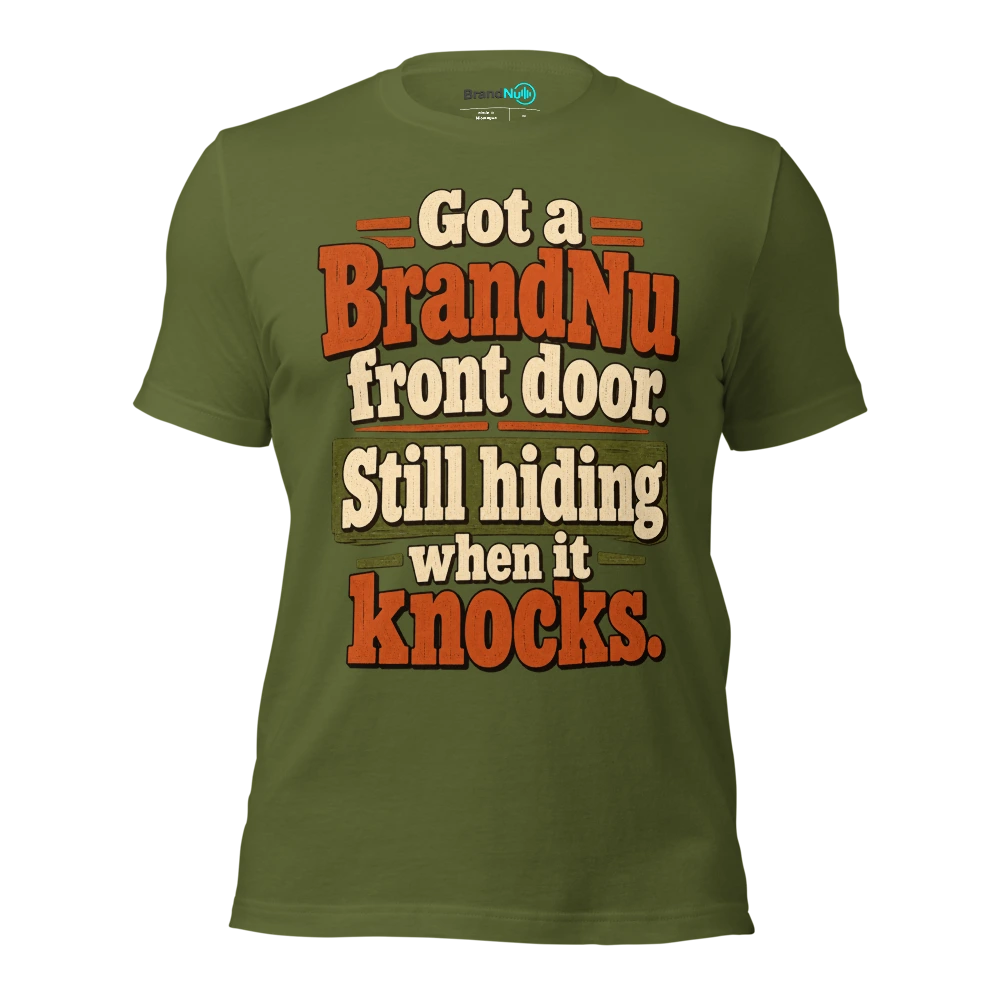 Got a BrandNu front door. Still hiding when it knocks T Shirt Olive Front