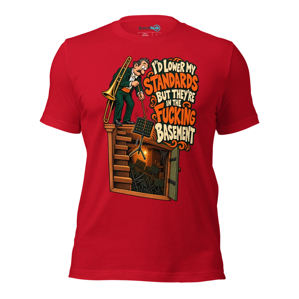 I'D LOWER MY STANDARDS BUT THEY'RE IN THE FUCKING BASEMENT T Shirt Red Front