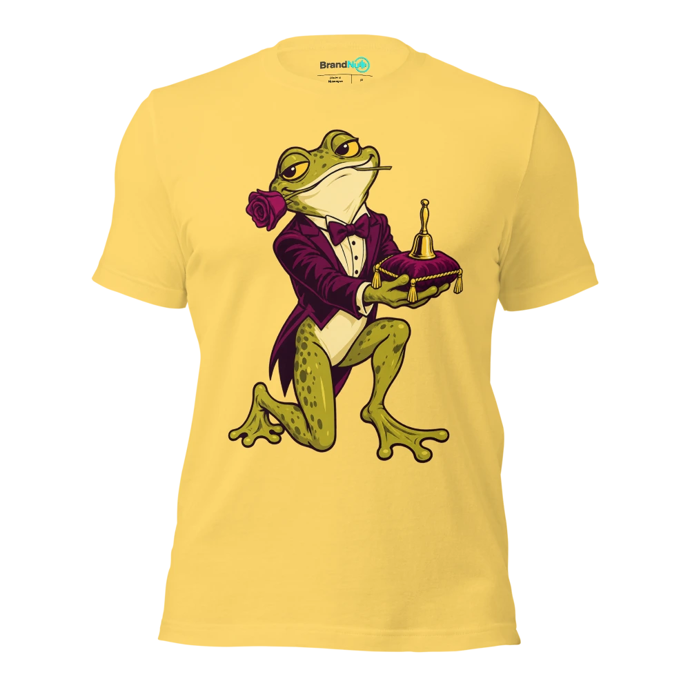 Frog offering a tiny handbell on a velvet cushion T Shirt Yellow Front