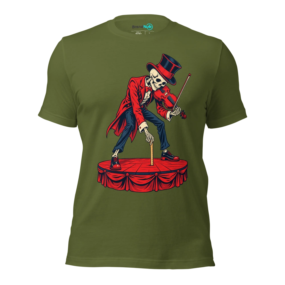 Skeleton violinist measuring the stage with a tiny ruler T Shirt Olive Front