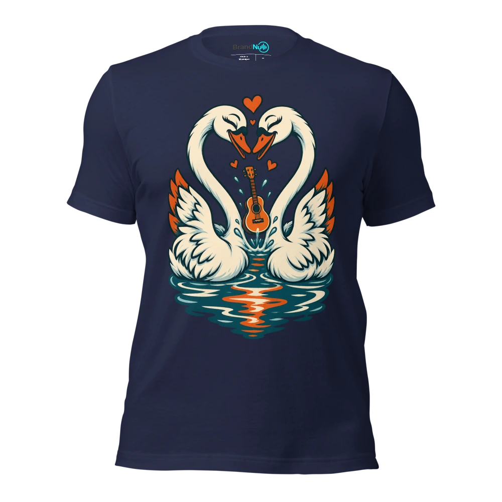 A pair of swans forming a heart around a tiny floating guitar T Shirt Navy Front