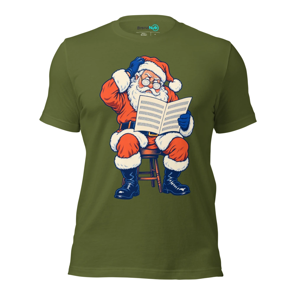 Santa reading blank sheet music through frosted glasses T Shirt Olive Front