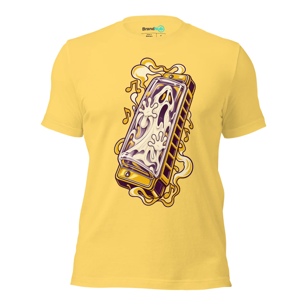 A ghost trapped inside a transparent harmonica T Shirt Yellow Front