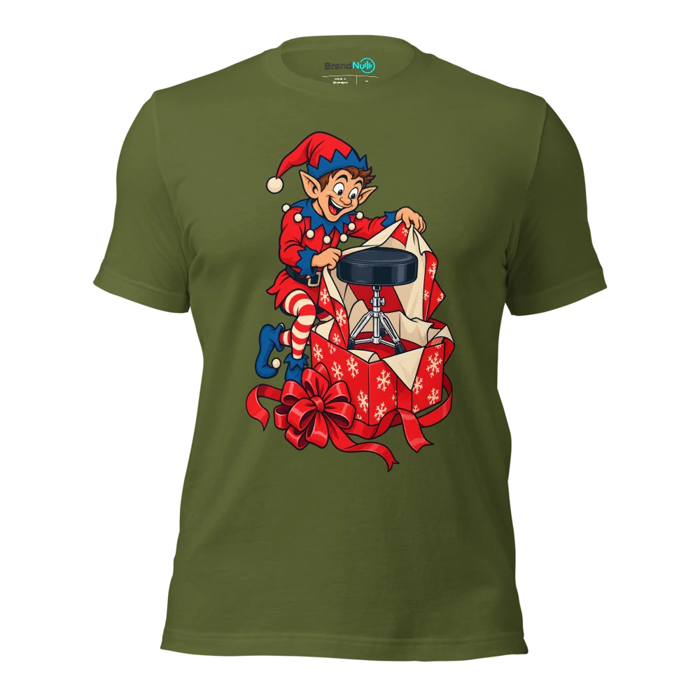 An elf packing a drum stool as though it were a luxury gift T Shirt Olive Front