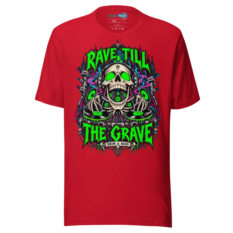 Rave Till The Grave Drum and Bass T Shirt Skull Deck Green Screen Edition - Red