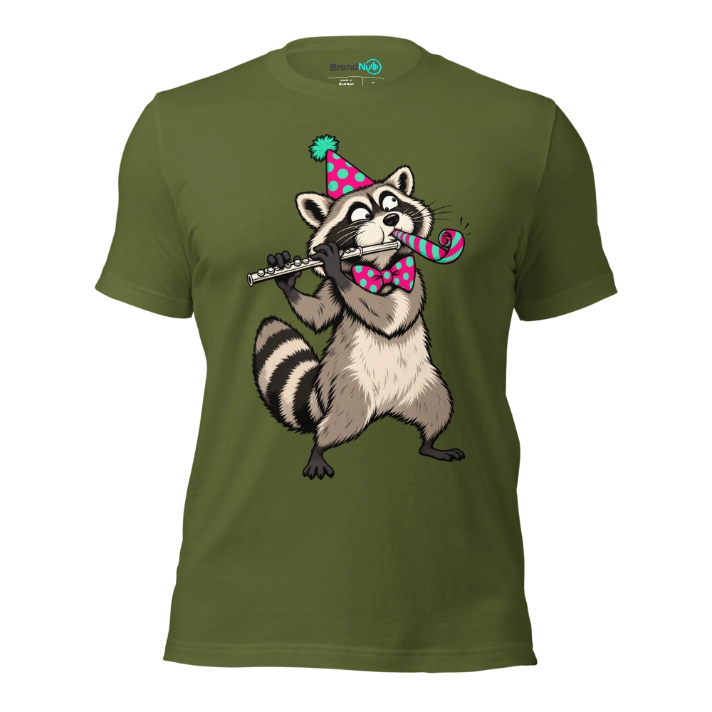 Raccoon trying to play a flute while wearing a party blower T Shirt Olive Front