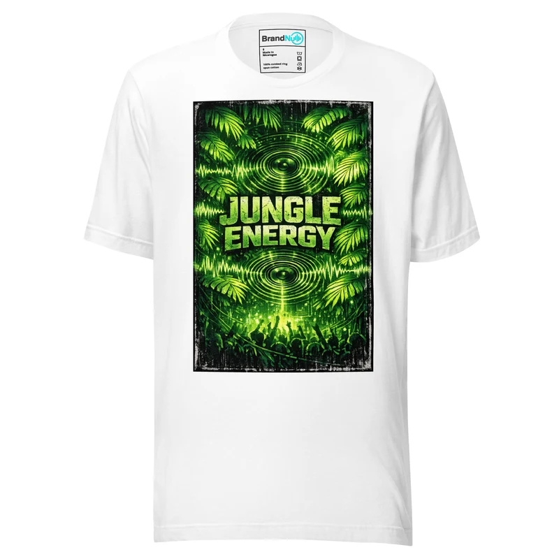 Jungle Energy Drum and Bass T Shirt DnB Rave Jungle Graphic Green Screen - White