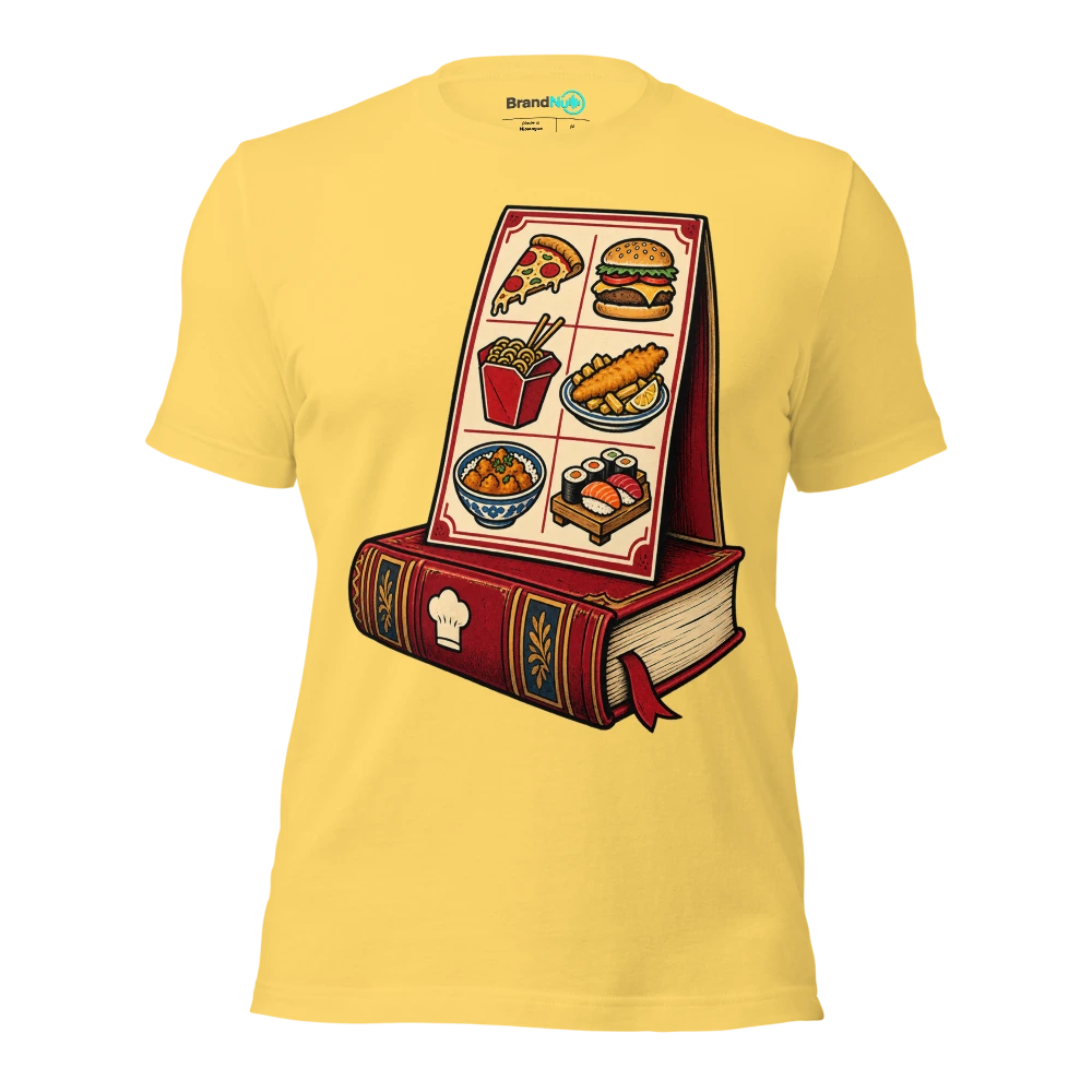 Bought a BrandNu cookbook. Lovely thing to lean the takeaway menu on T Shirt Yellow Front