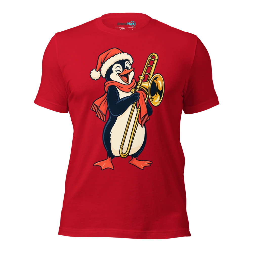 A penguin polishing a brass trombone with a scarf T Shirt Red Front