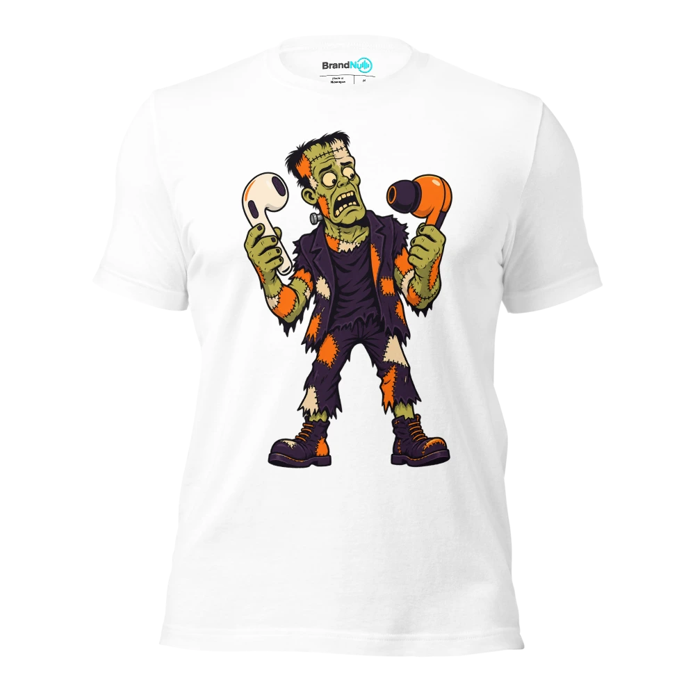 THE PATCHWORK MONSTER HAS MISMATCHED EARBUDS T Shirt White Front