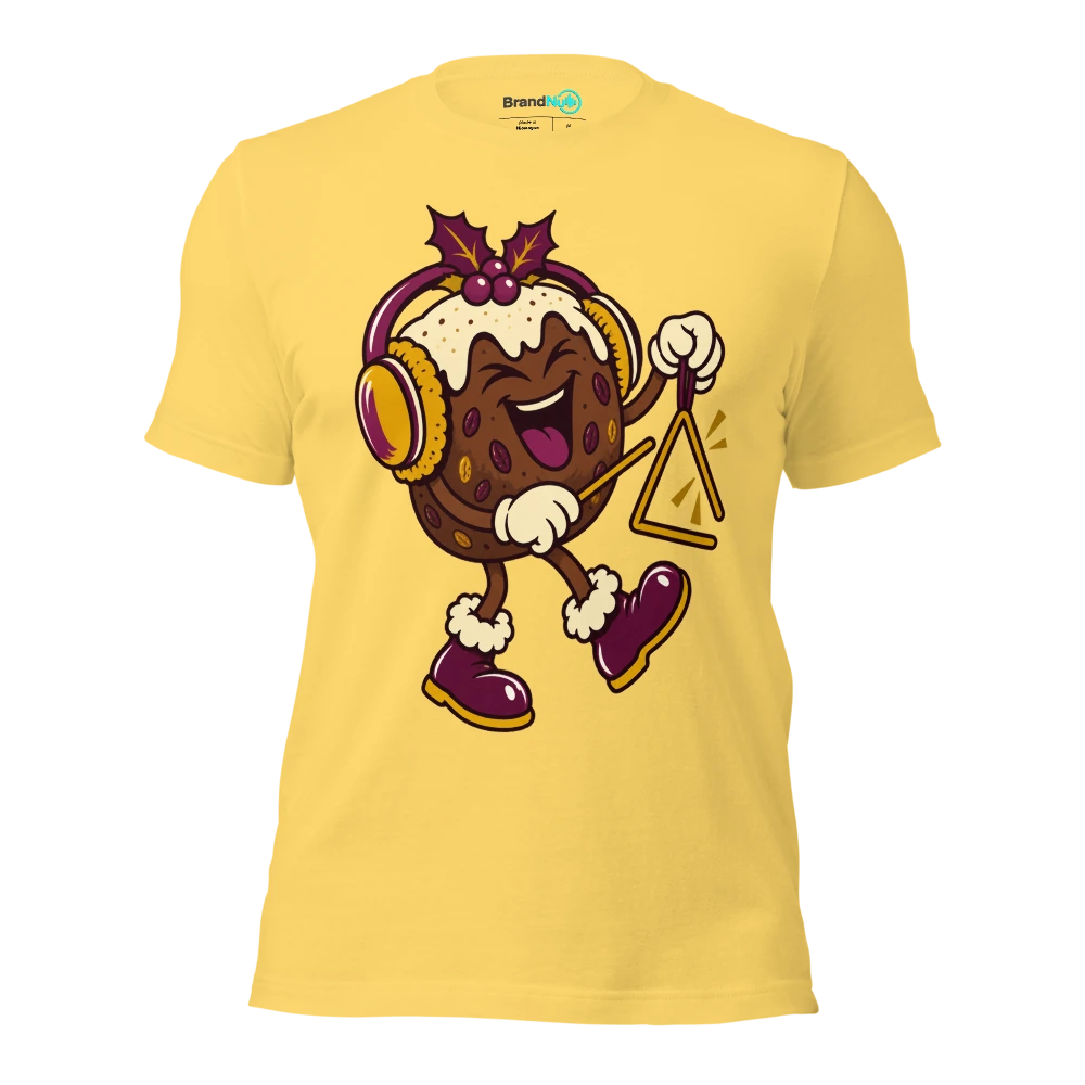 A Christmas pudding wearing oversized ear defenders beside a triangle T Shirt Yellow Front